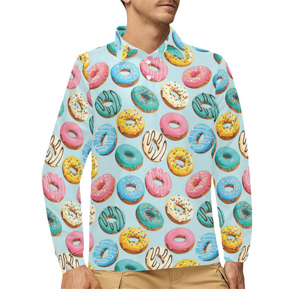 Donut Pattern Print Design DN05 Long Sleeve Polo Shirt For Men's