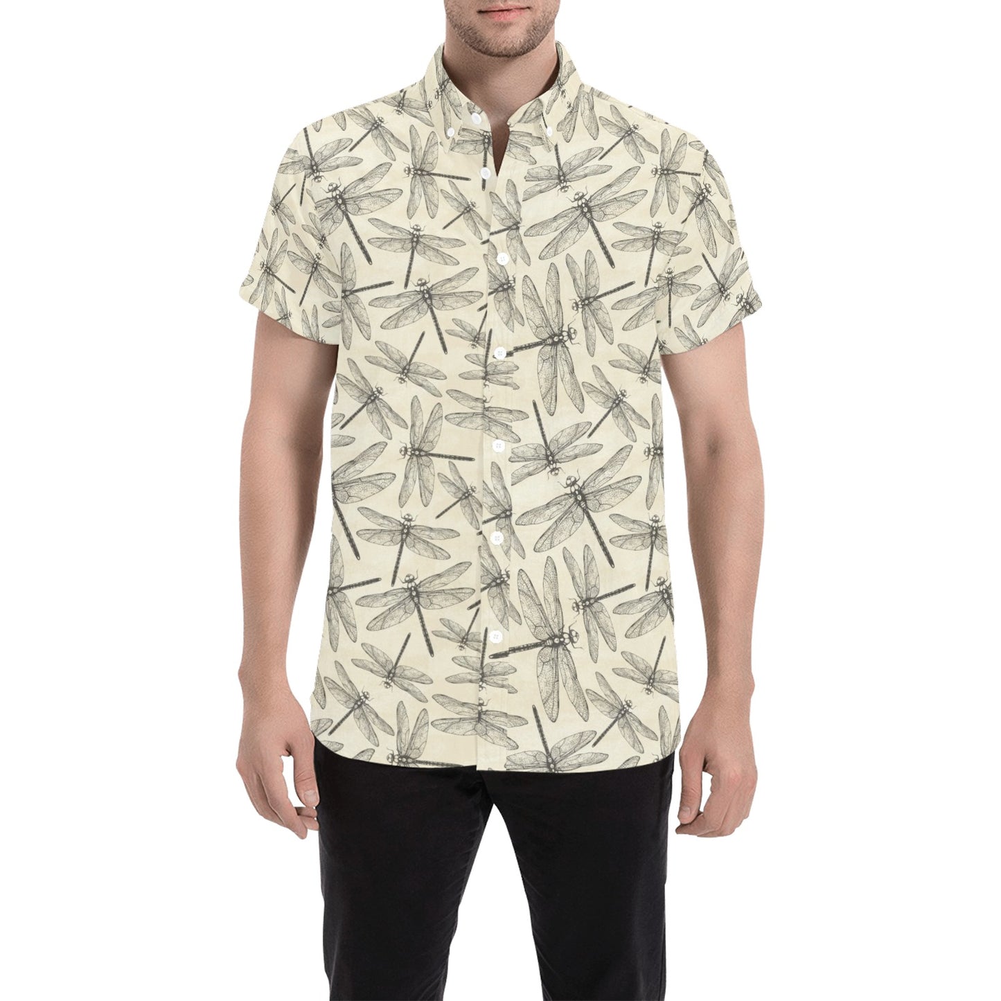Dragonfly Print Design LKS402 Men Short Sleeve Button Up Shirt