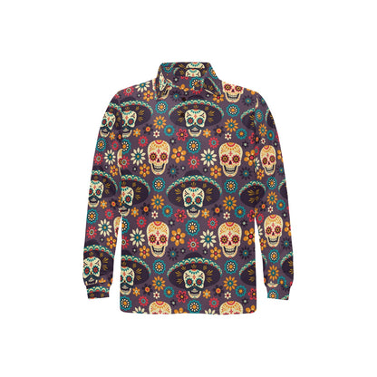 sugar skull Maxican Pattern Long Sleeve Polo Shirt For Men's