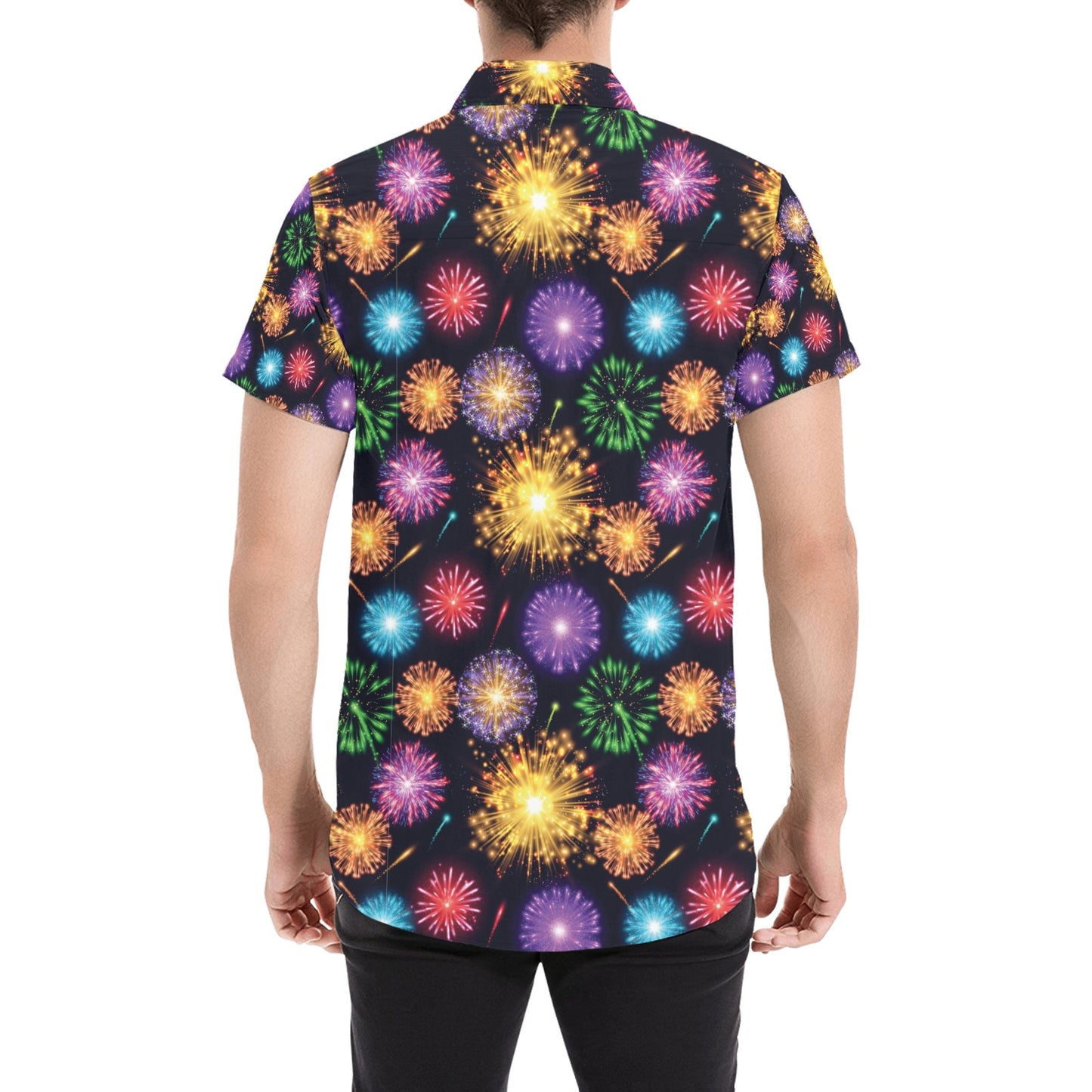 Firework Print Design LKS305 Men Short Sleeve Button Up Shirt