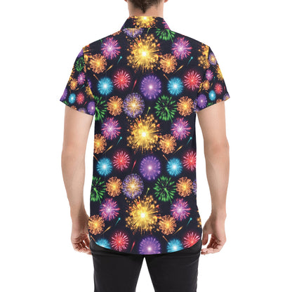 Firework Print Design LKS305 Men Short Sleeve Button Up Shirt