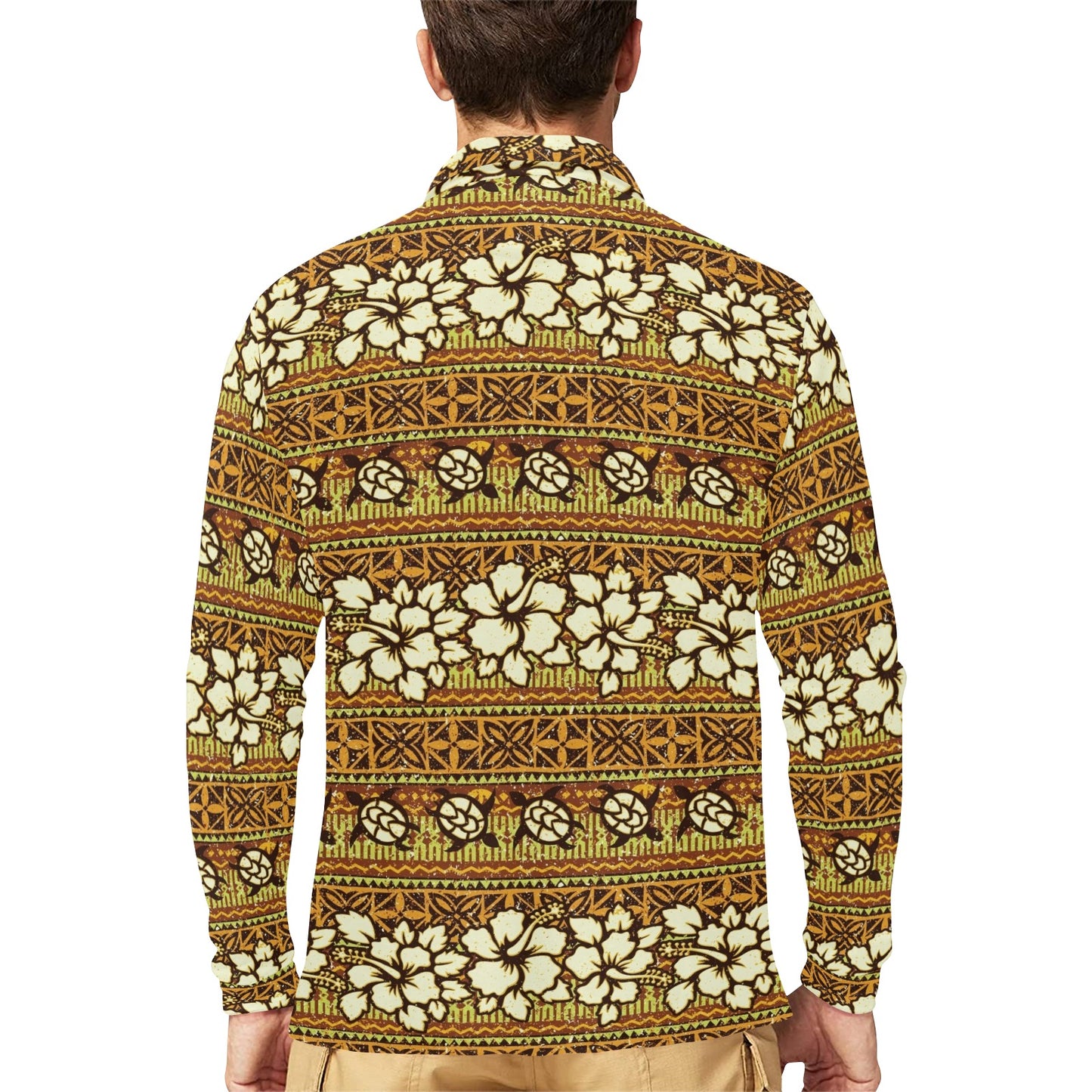 Hawaiian Themed Pattern Print Design H015 Long Sleeve Polo Shirt For Men's