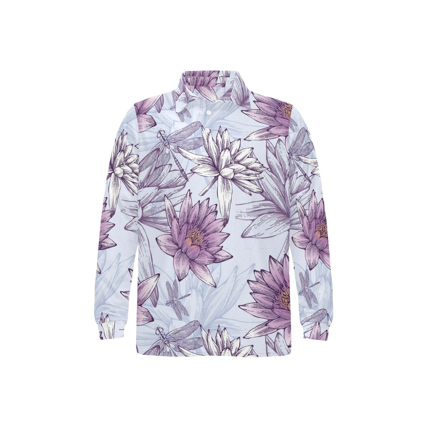 Water Lily Pattern Print Design WL01 Long Sleeve Polo Shirt For Men's