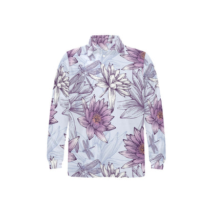 Water Lily Pattern Print Design WL01 Long Sleeve Polo Shirt For Men's