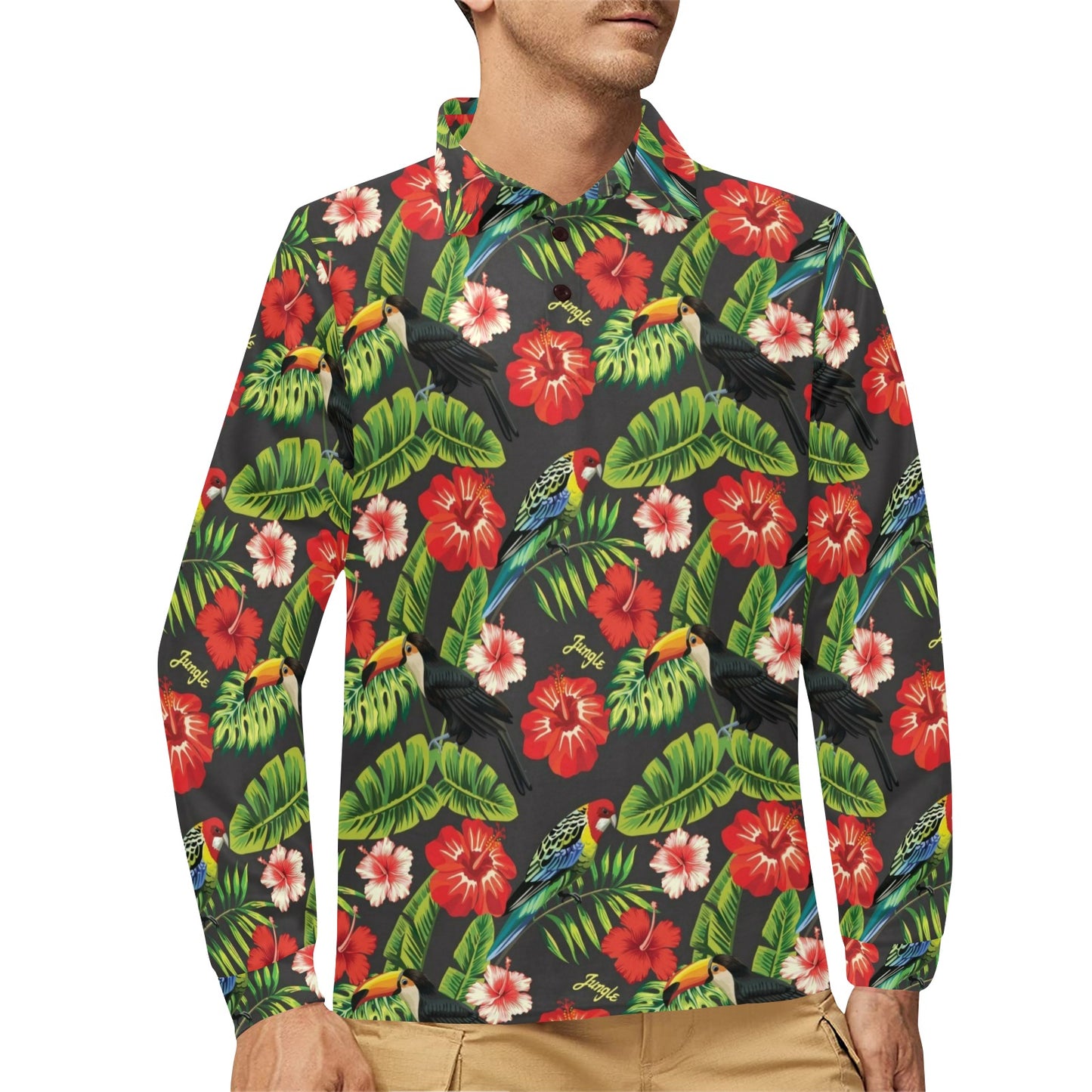Tropical Flower Pattern Print Design TF04 Long Sleeve Polo Shirt For Men's
