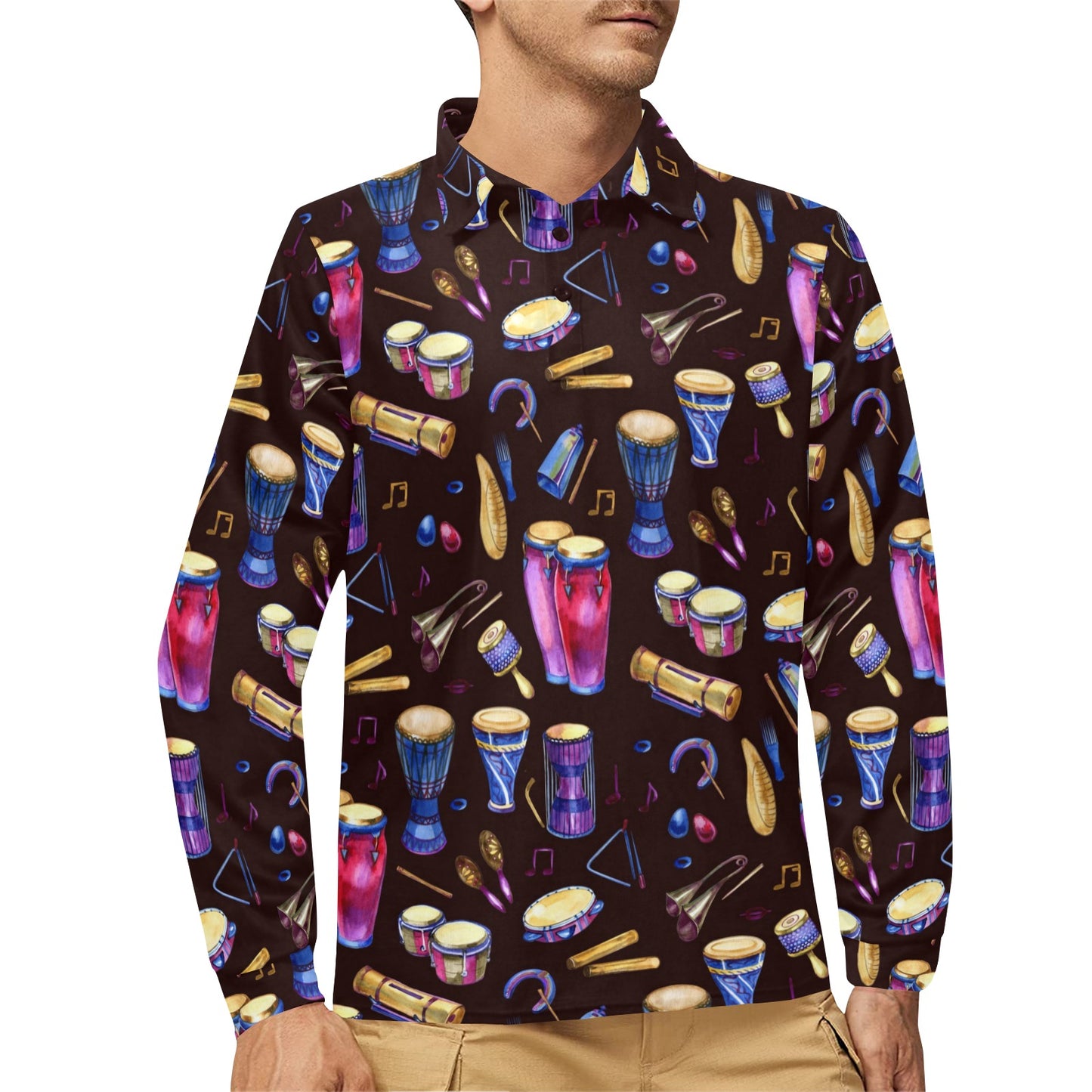 Percussion Neon Pattern Print Design 04 Long Sleeve Polo Shirt For Men's