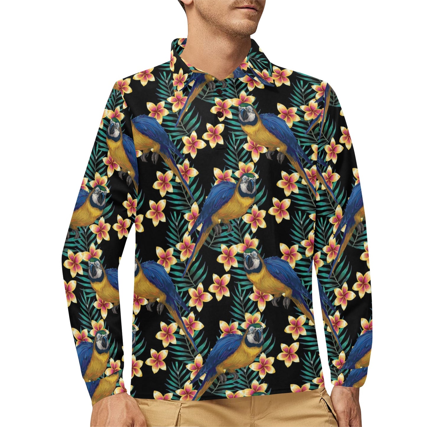 Macaw Pattern Print Design 01 Long Sleeve Polo Shirt For Men's