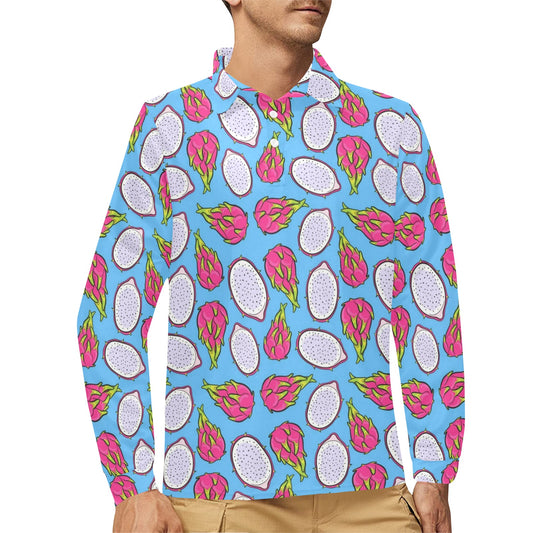 Dragonfruit Pattern Print Design DF04 Long Sleeve Polo Shirt For Men's