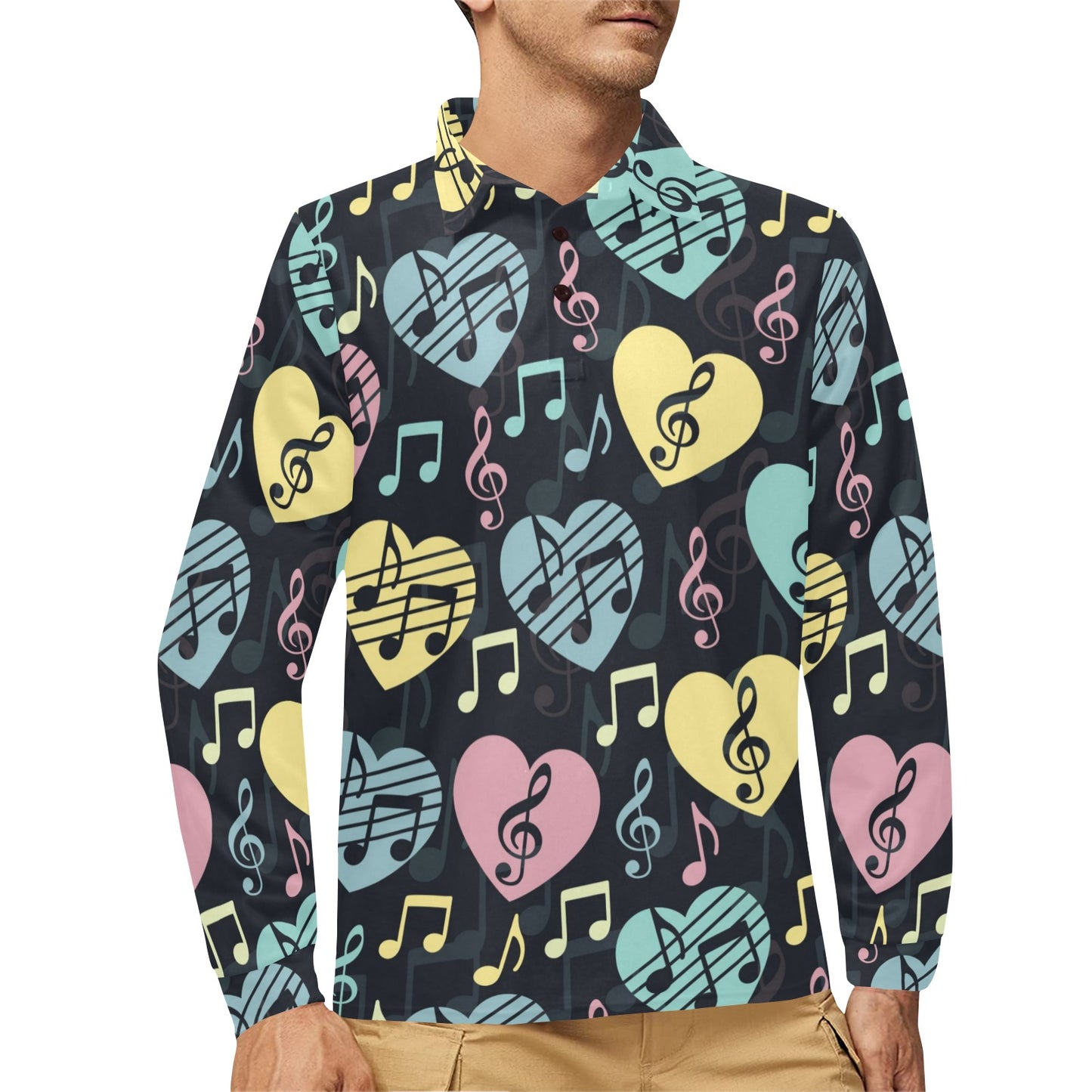 Music note Pattern Print Design A03 Long Sleeve Polo Shirt For Men's