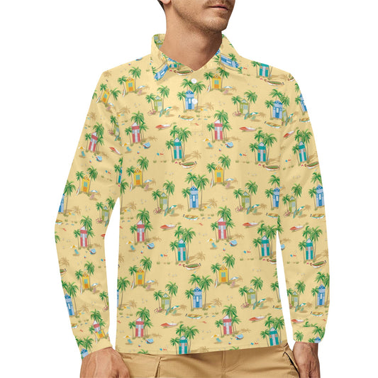 Beach Themed Pattern Print Design 01 Long Sleeve Polo Shirt For Men's