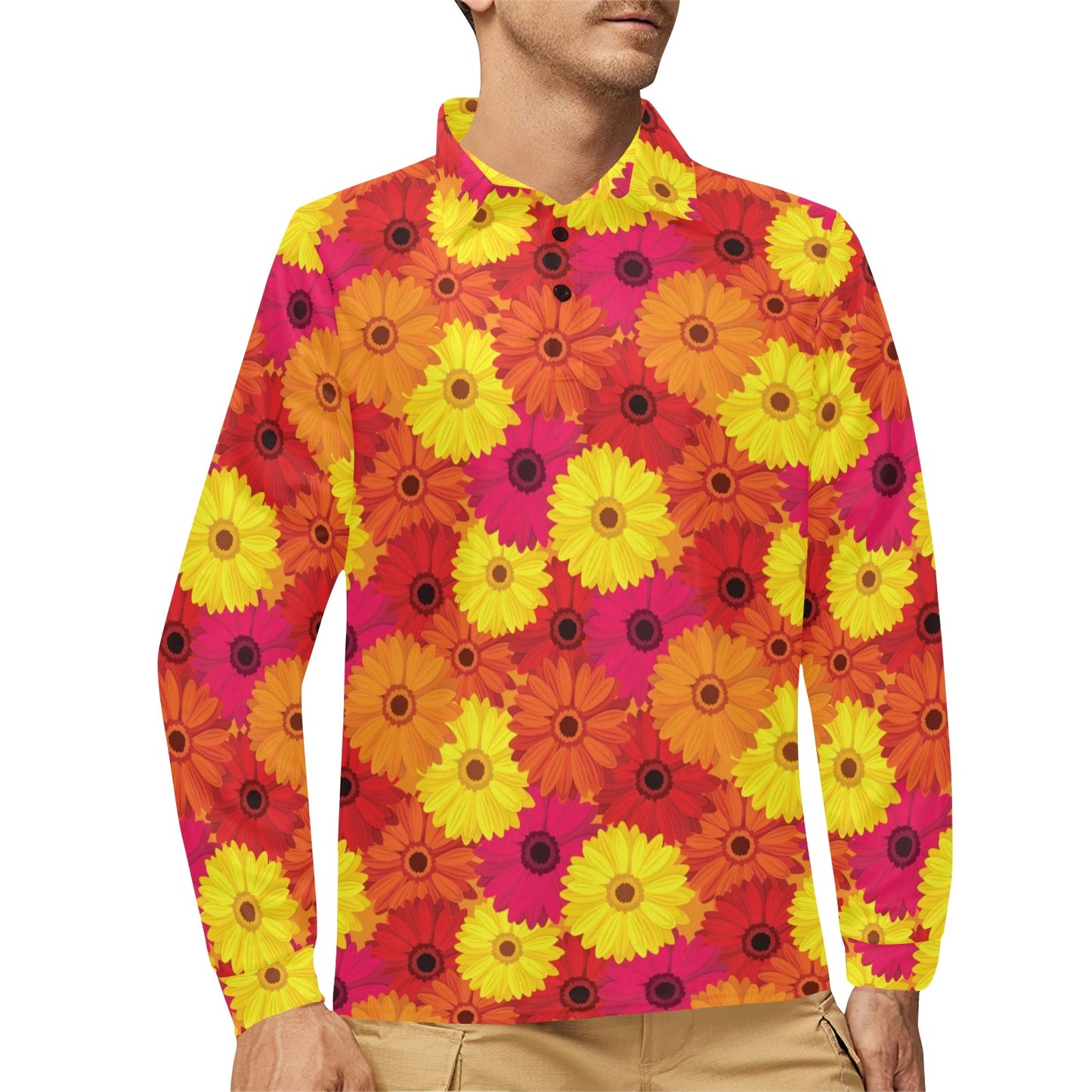 Gerberas Pattern Print Design GB05 Long Sleeve Polo Shirt For Men's