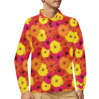 Gerberas Pattern Print Design GB05 Long Sleeve Polo Shirt For Men's