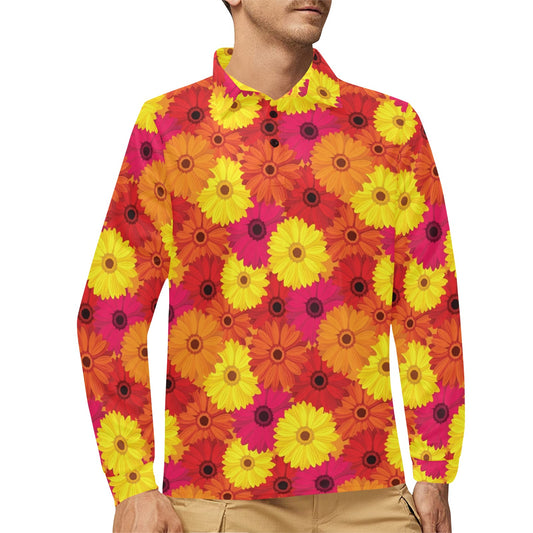 Gerberas Pattern Print Design GB05 Long Sleeve Polo Shirt For Men's