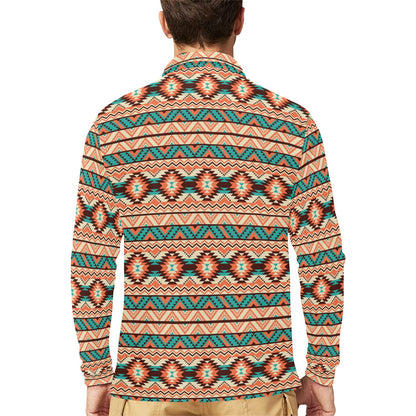 Navajo Western Style Print Pattern Long Sleeve Polo Shirt For Men's