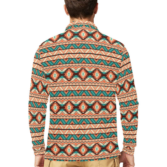 Navajo Western Style Print Pattern Long Sleeve Polo Shirt For Men's