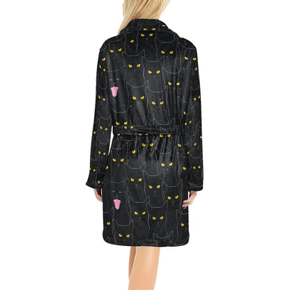 Black Cat Yellow Eyes Print Pattern Women's Fleece Robe
