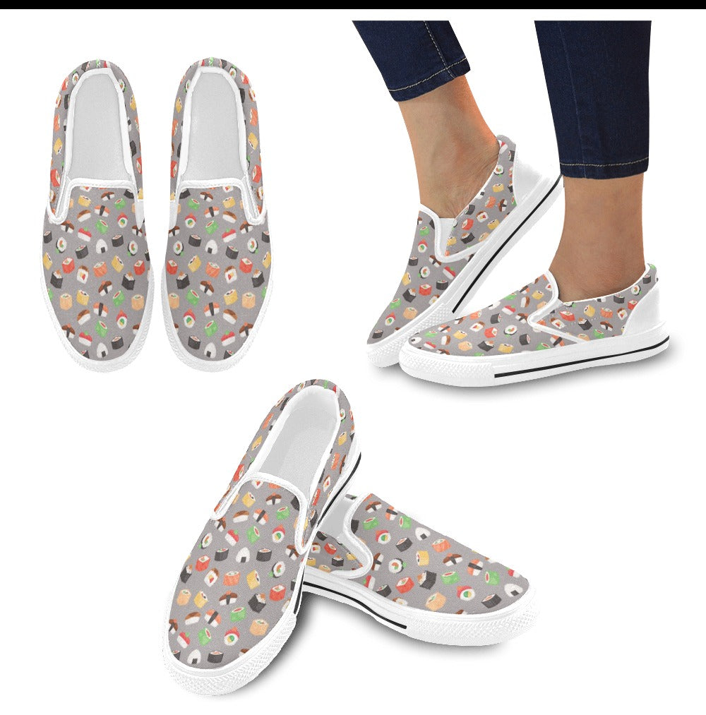 Sushi Print Design LKS307 White Slip Ons Canvas Women's Shoes