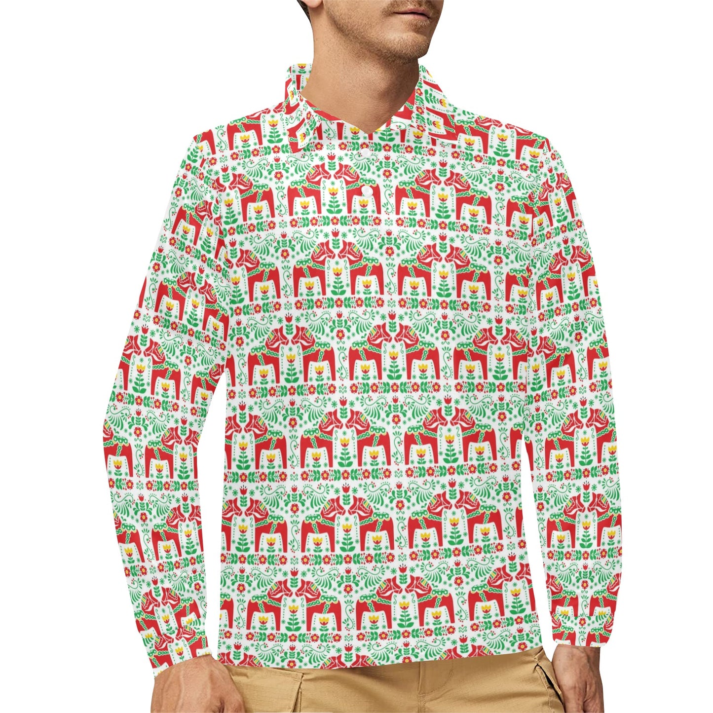 Swedish Dala Style Pattern Long Sleeve Polo Shirt For Men's