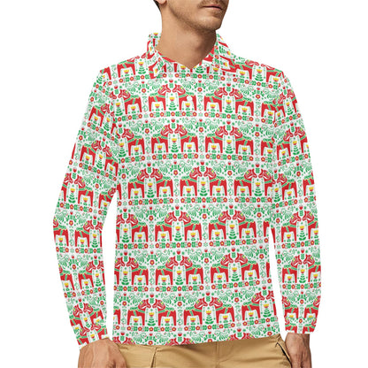 Swedish Dala Style Pattern Long Sleeve Polo Shirt For Men's