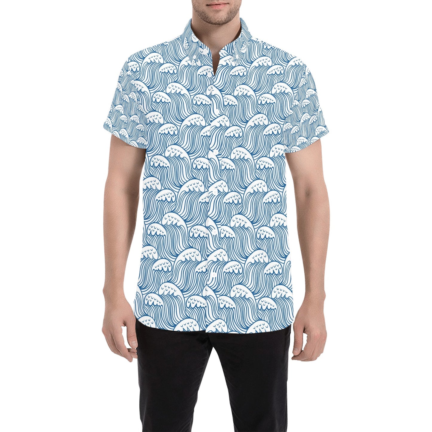 Wave Print Design LKS306 Men Short Sleeve Button Up Shirt
