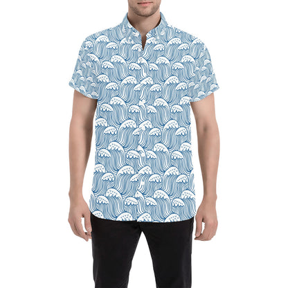 Wave Print Design LKS306 Men Short Sleeve Button Up Shirt