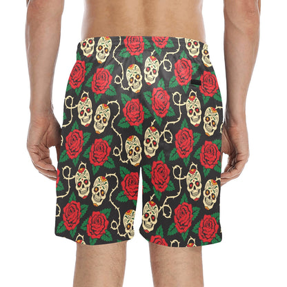 Sugar Skull Red Rose Print Design LKS301 Men's Swim Trunks Beach Shorts