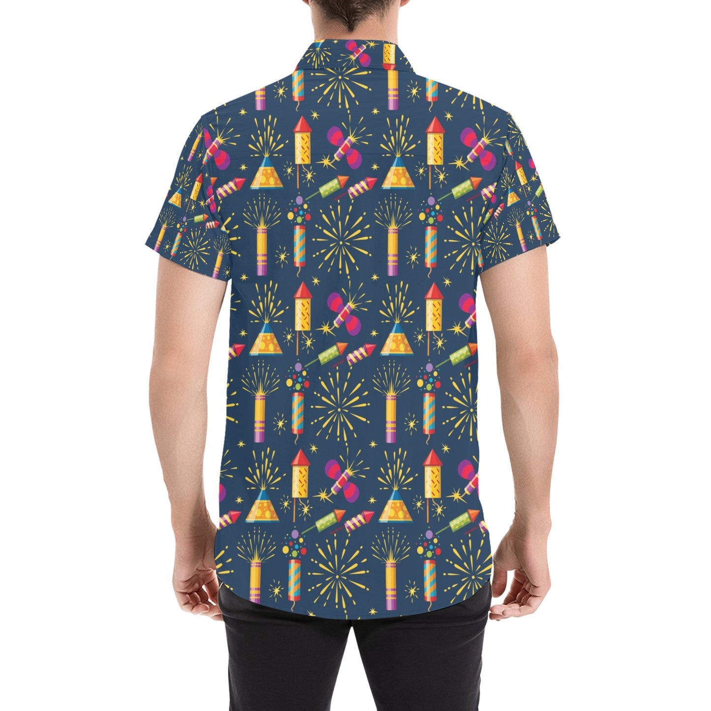 Firework Sparkling Rockets Print Design LKS306 Men Short Sleeve Button Up Shirt