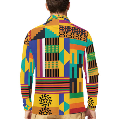 Kente Pattern Print Design 03 Long Sleeve Polo Shirt For Men's