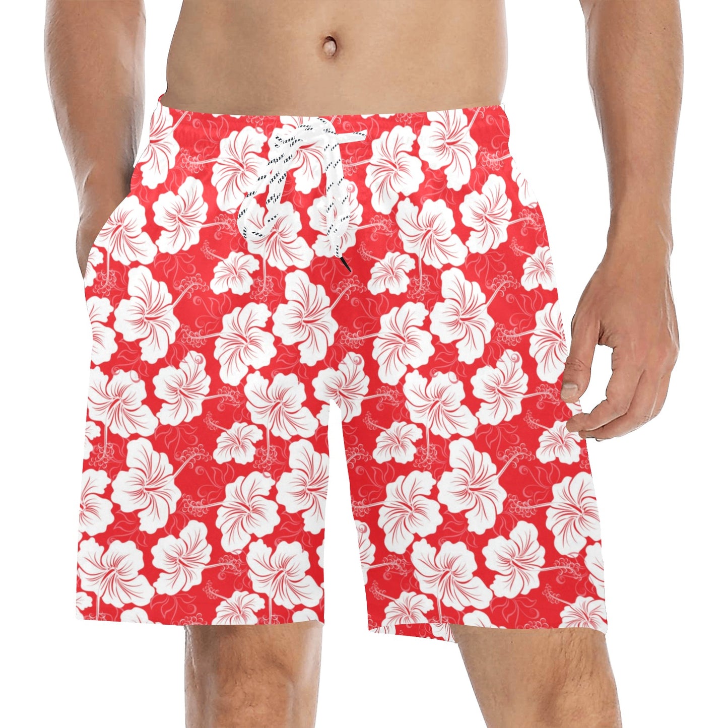 Flower Hawaiian Hibiscus Red Background Print Men's Swim Trunks Beach Shorts