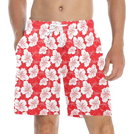 Flower Hawaiian Hibiscus Red Background Print Men's Swim Trunks Beach Shorts