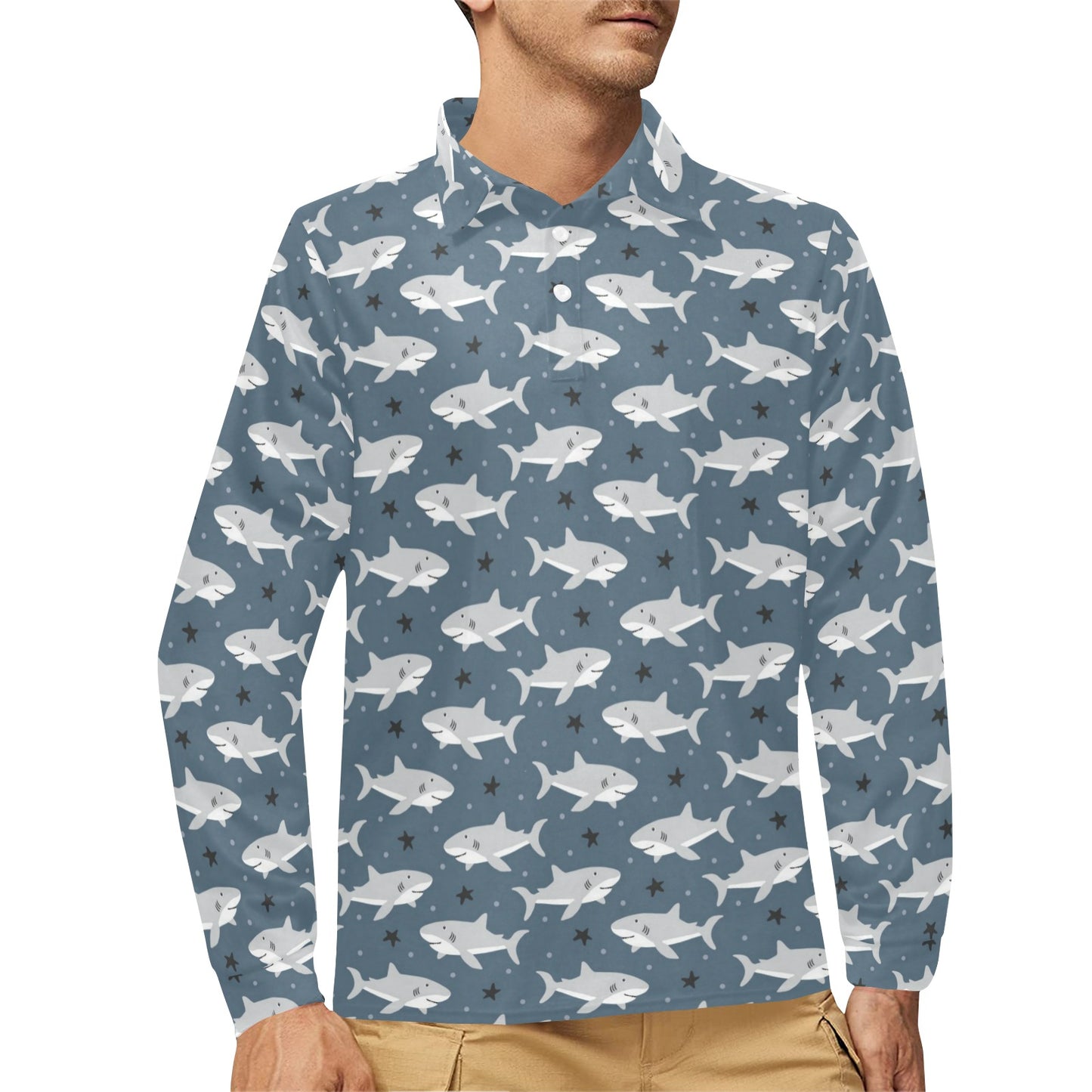 Shark Print Design LKS305 Long Sleeve Polo Shirt For Men's