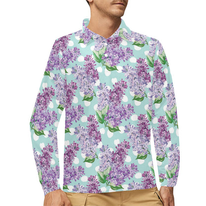 Lilac Pattern Print Design 02 Long Sleeve Polo Shirt For Men's