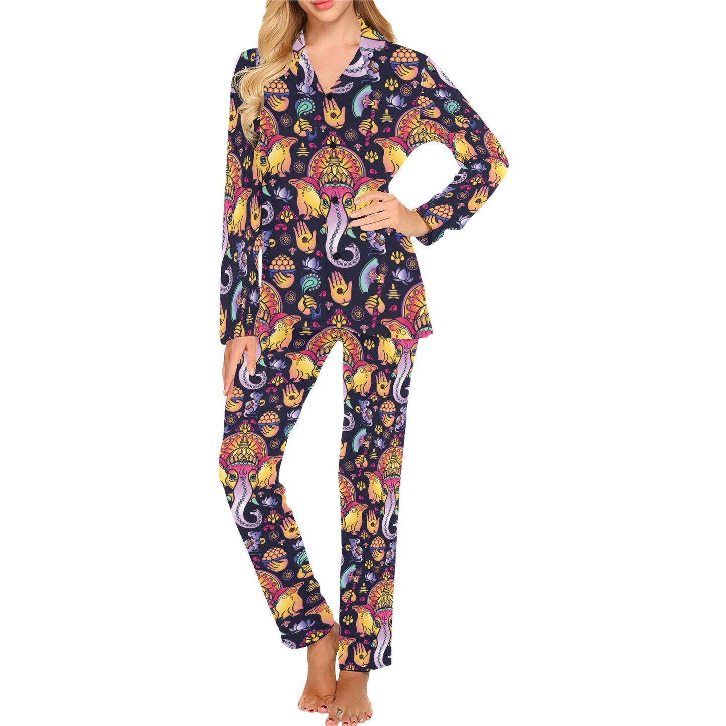 Ganesha Indian Pattern Print Design 03 Women's Long Pajama Set