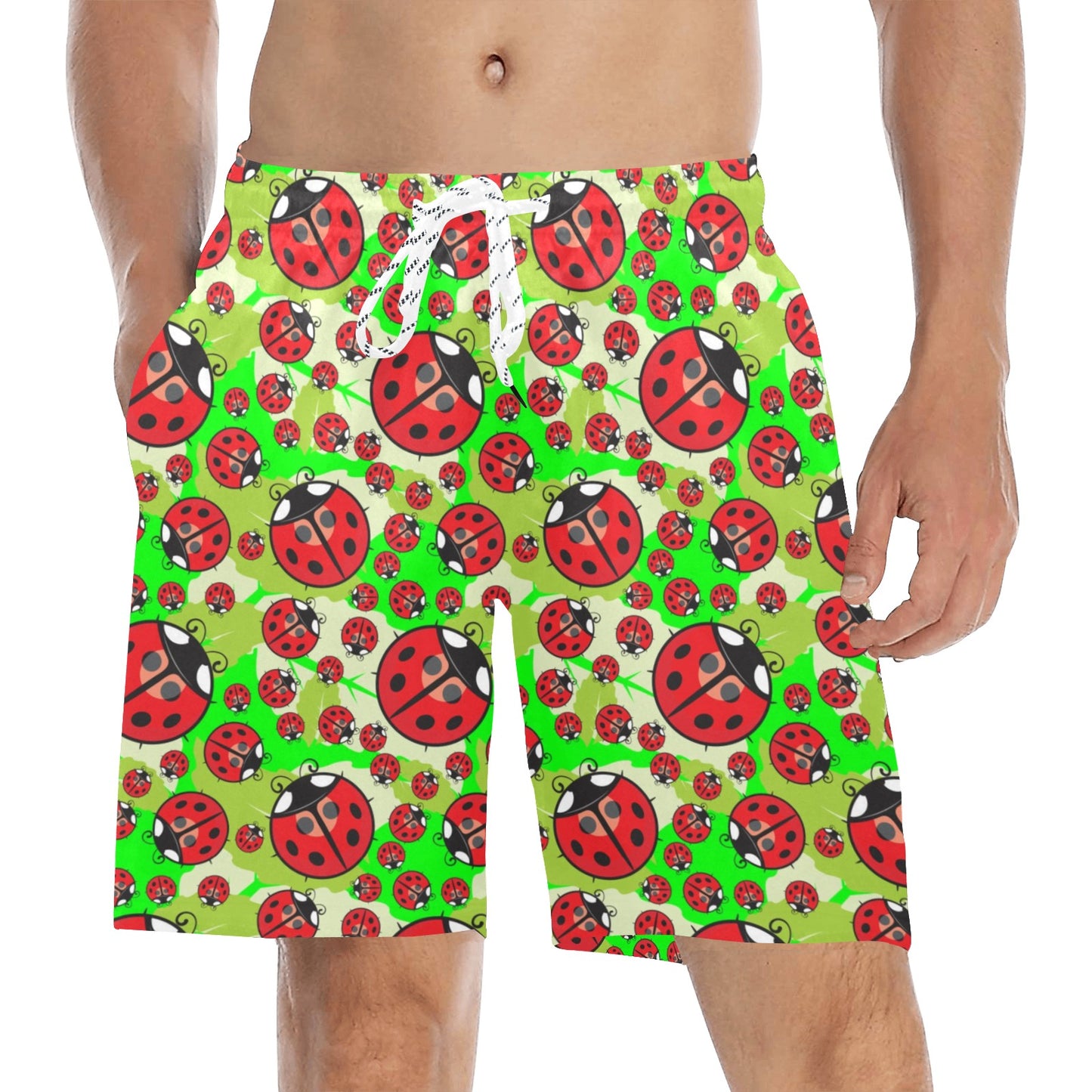 Ladybug with Leaf Print Pattern Men's Swim Trunks Beach Shorts