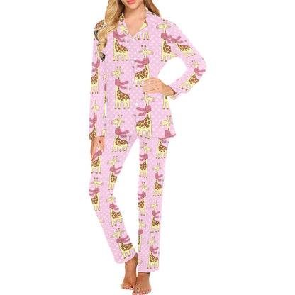 Giraffe Cute Pink Polka Dot Print Women's Long Pajama Set