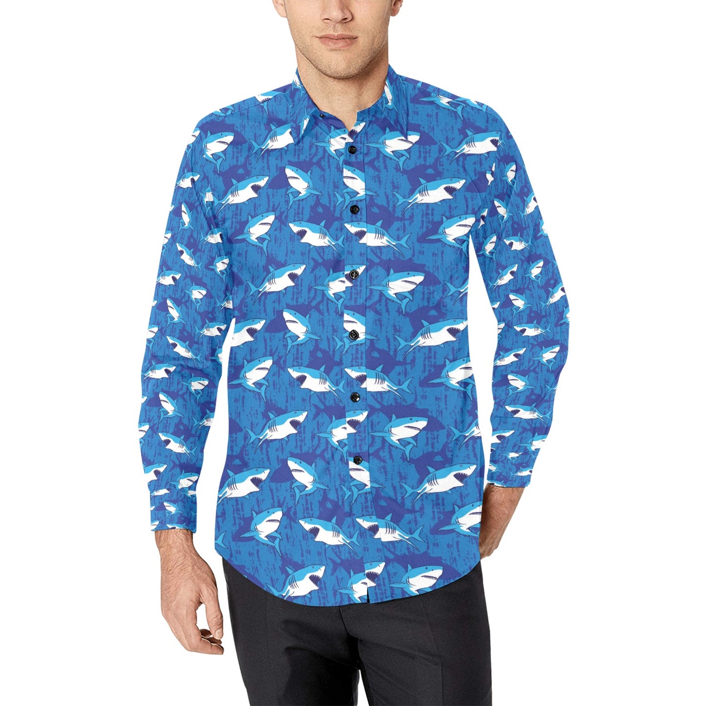 Shark Print Design LKS308 Men's Long Sleeve Dress Shirt