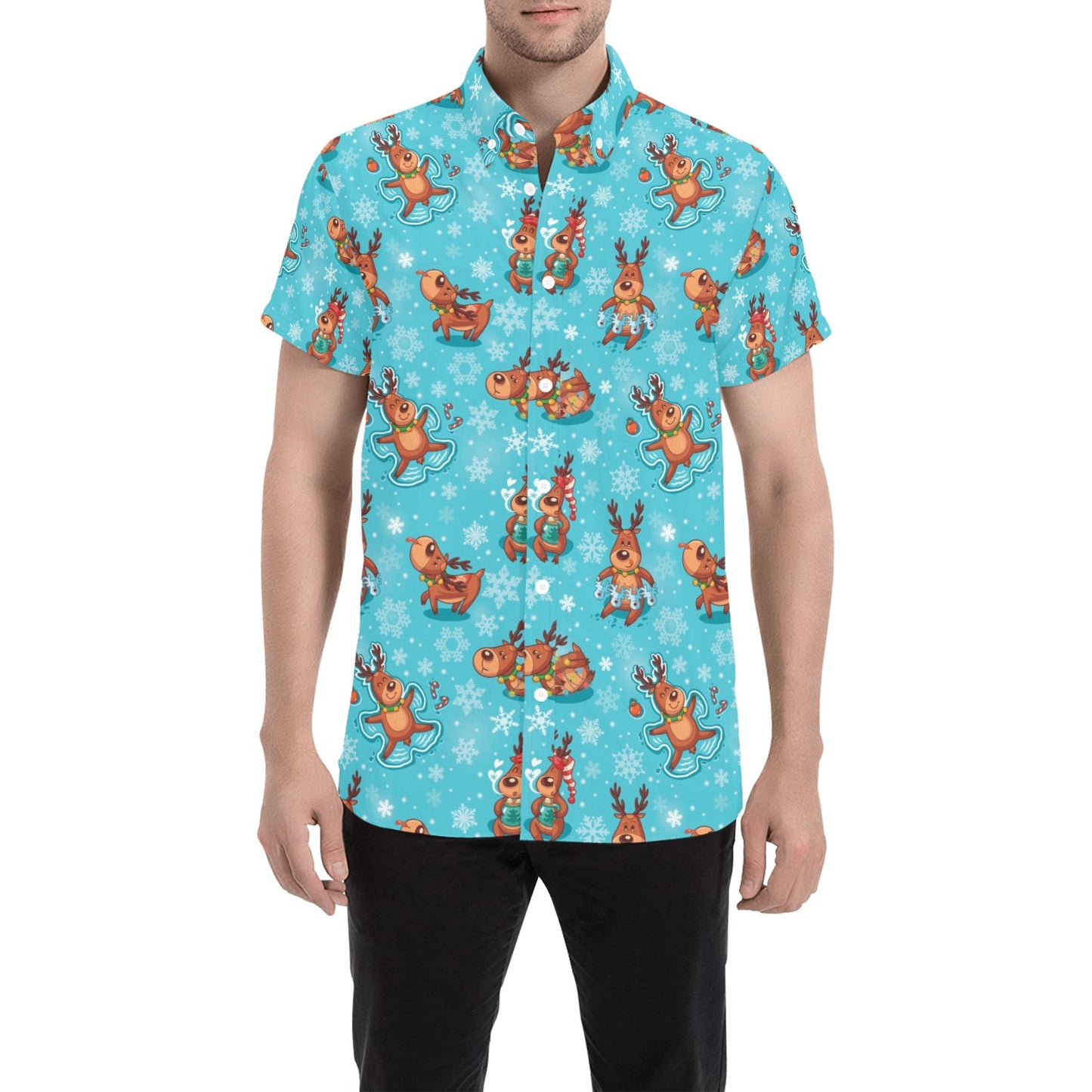 Reindeer Print Design LKS402 Men Short Sleeve Button Up Shirt