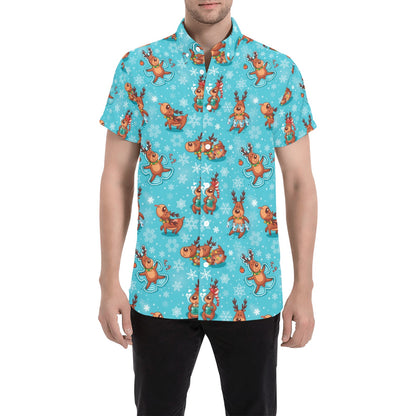 Reindeer Print Design LKS402 Men Short Sleeve Button Up Shirt