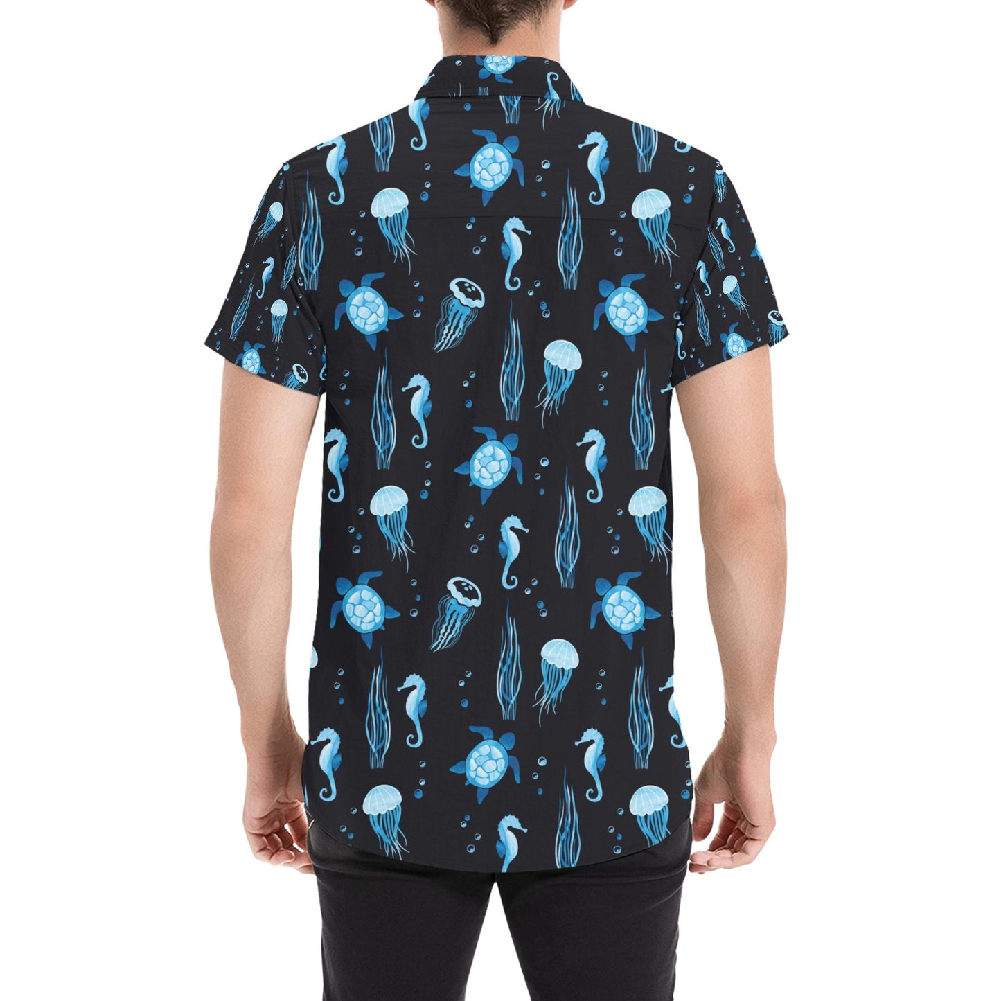 Sea Turtle Jelly Fish Sea Horse Print Design LKS3014 Men Short Sleeve Button Up Shirt