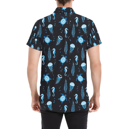 Sea Turtle Jelly Fish Sea Horse Print Design LKS3014 Men Short Sleeve Button Up Shirt
