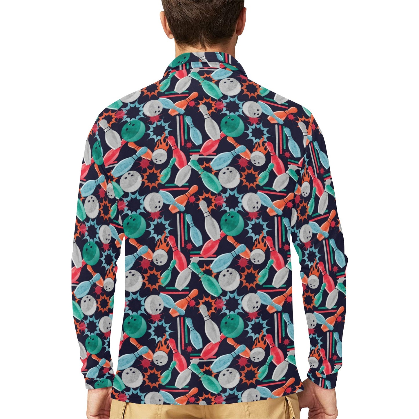 Bowling Pattern Print Design 08 Long Sleeve Polo Shirt For Men's