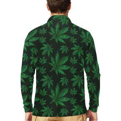 Pot Leaf Pattern Print Design A04 Long Sleeve Polo Shirt For Men's