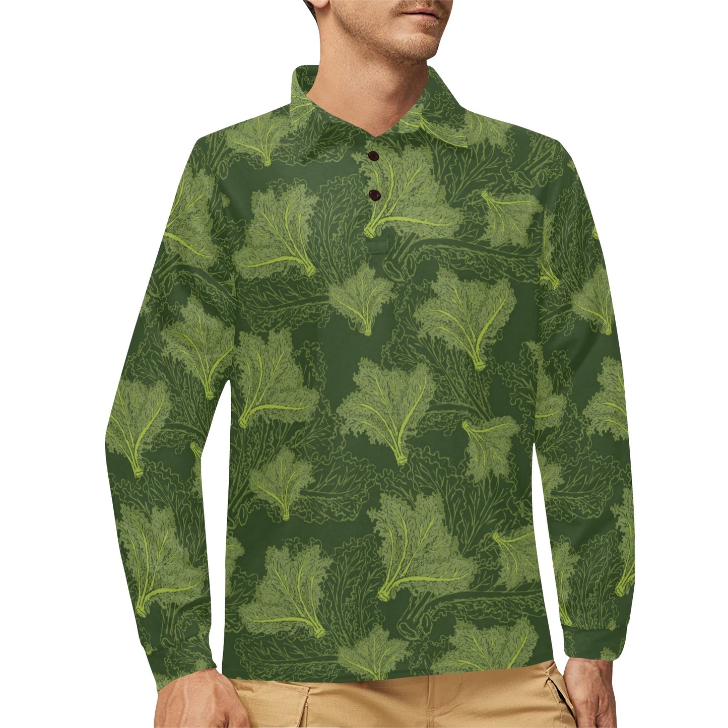 Kale Pattern Print Design 01 Long Sleeve Polo Shirt For Men's