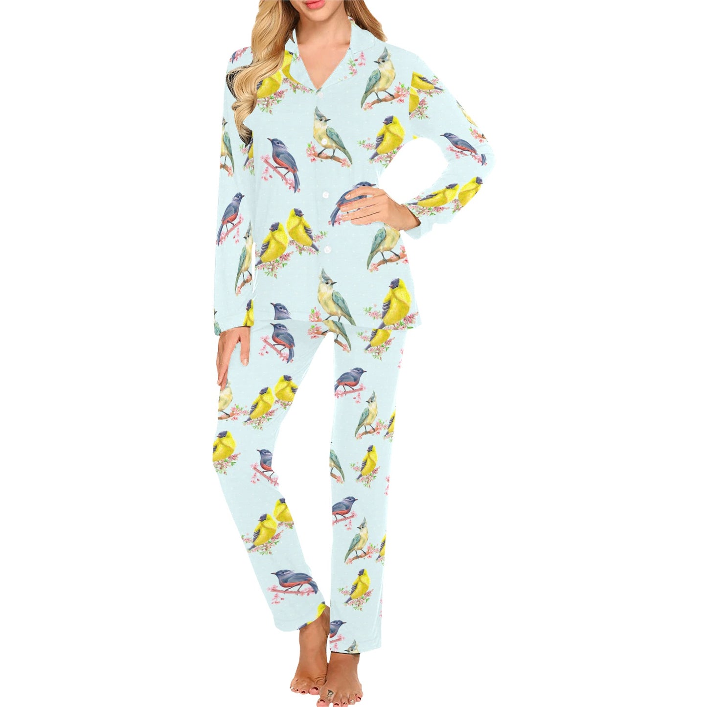 Bird Sweet Themed Print Pattern Women's Long Pajama Set