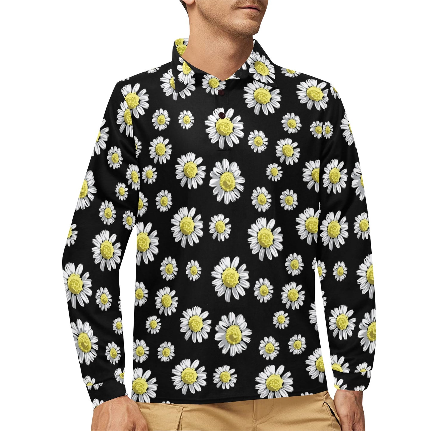 Daisy Pattern Print Design DS01 Long Sleeve Polo Shirt For Men's
