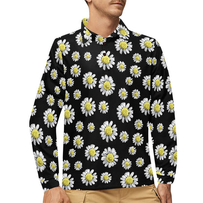 Daisy Pattern Print Design DS01 Long Sleeve Polo Shirt For Men's