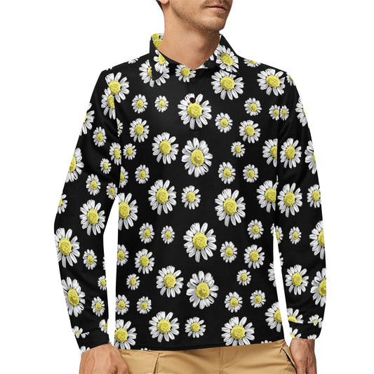Daisy Pattern Print Design DS01 Long Sleeve Polo Shirt For Men's