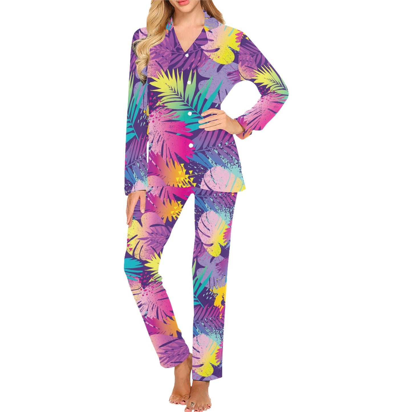Palm Leaf Pattern Print Design A04 Women's Long Pajama Set