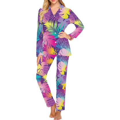 Palm Leaf Pattern Print Design A04 Women's Long Pajama Set