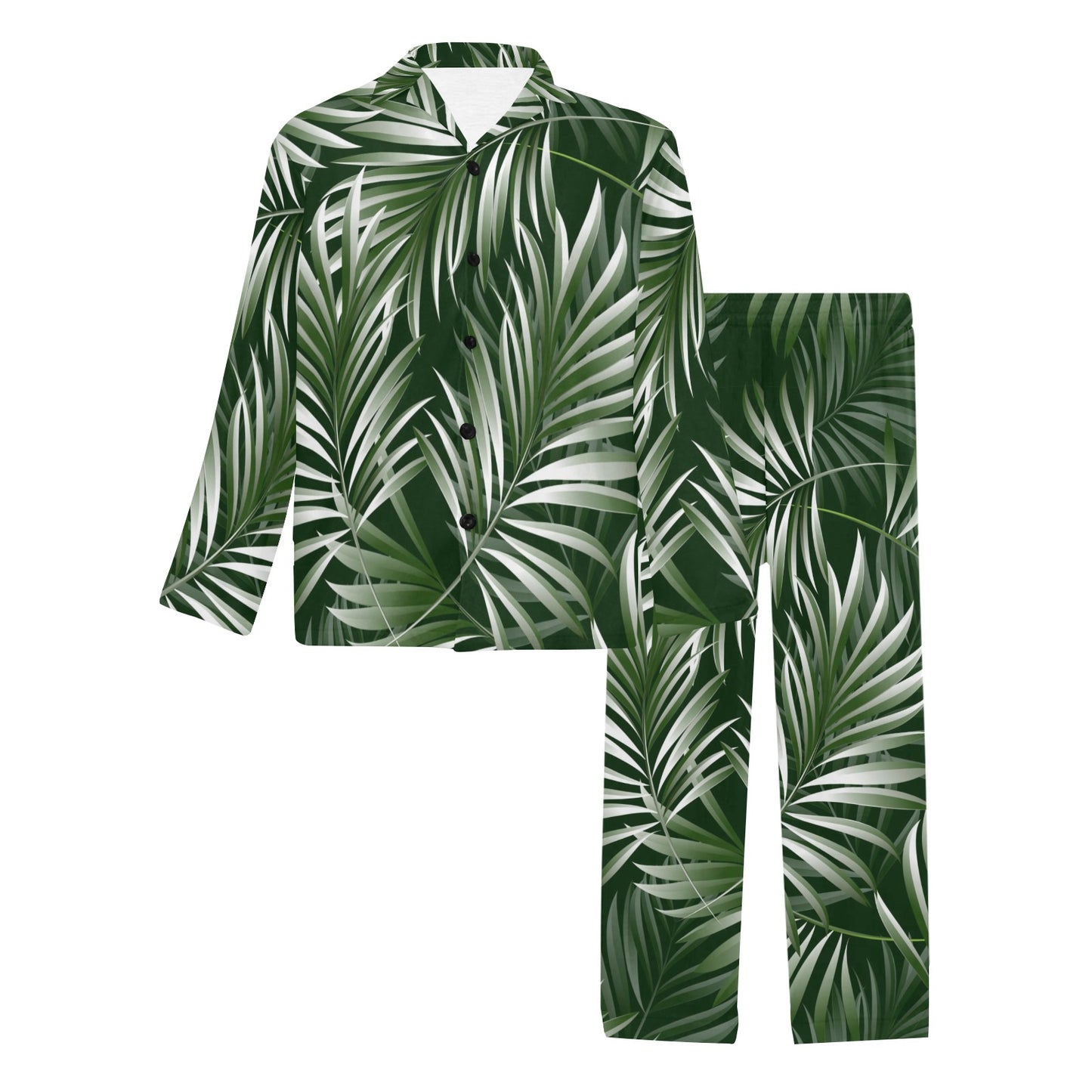 White Green Tropical Palm Leaves Men's Long Pajama Set